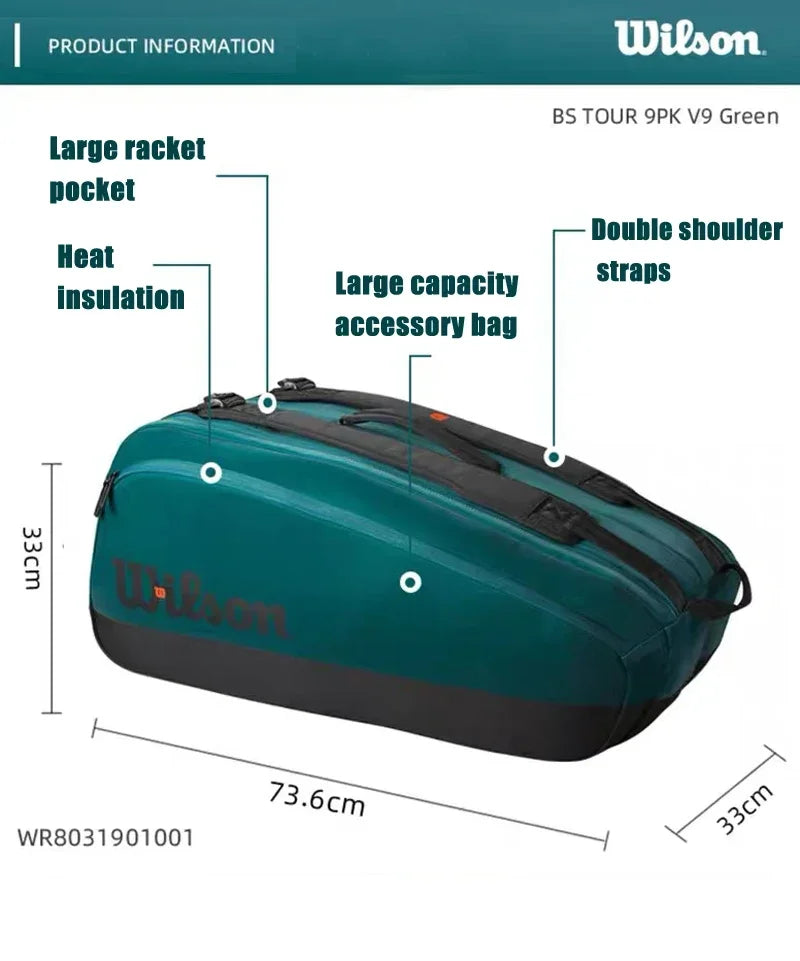 Wilson Brand Super Tour V9 tennis bag, large racket backpack, emerald, with insulated lining, 9 packs, 2024