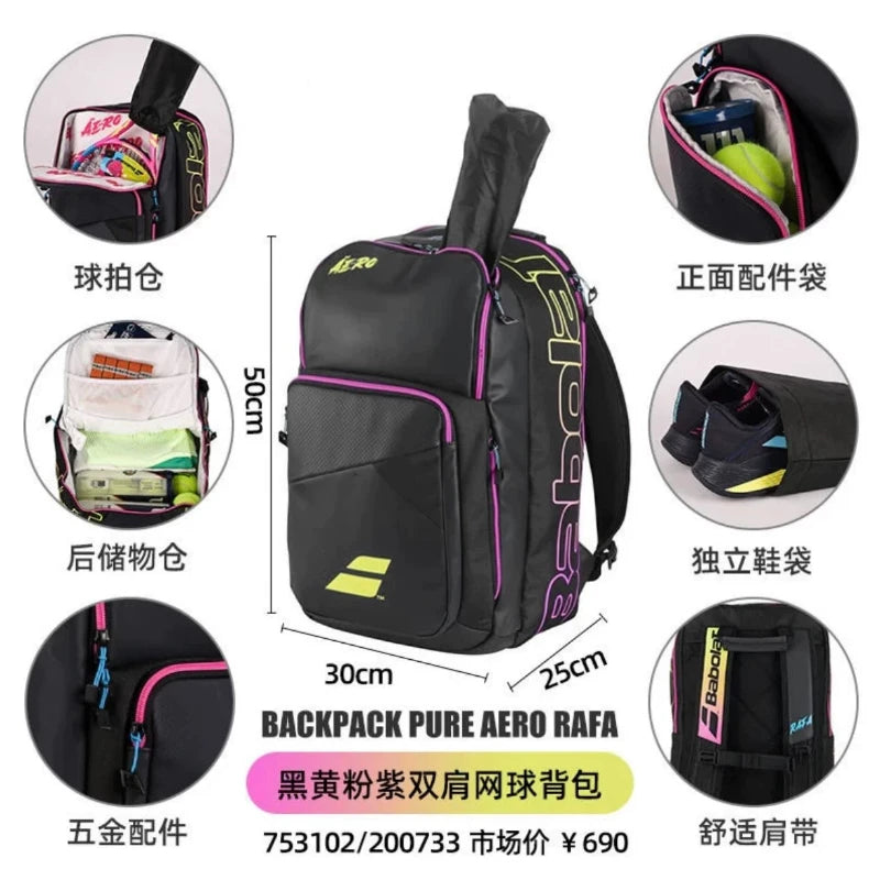 2024 Babolat Pure Aero Rafa Tennis Backpack Large Capacity Sports Bag Holds Up To 2 Tennis Racquets For Women Men