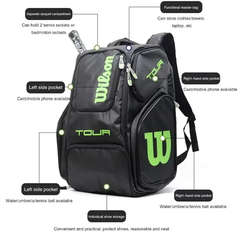 Wilson Tennis Bag Holds 2 Tennis Rackets Tennis Backpack Daily Portable Court Racket Bag Men Women Padel Sports Backpack